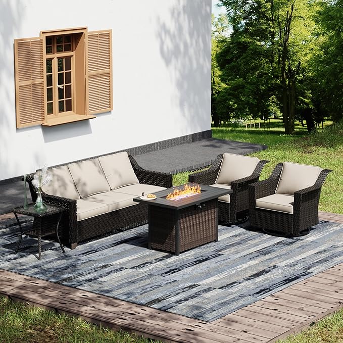 Joyside Wicker Patio Furniture Sets, 5 Pieces Upgraded Large Size Outdoor Furniture with Swivel Rocking Patio Chairs, 3-Seat Sofa, Fire Table, Coffee Table, Thick Cushions, Wide Armrest, Beige