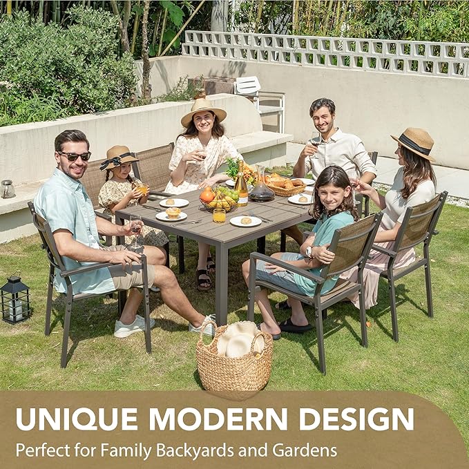 Devoko Patio Dining Set 7 Piece Outdoor Furniture with Rectangular Table and 6 Stackable Chairs Family Conversation Set for Garden Backyard Deck (Brown)