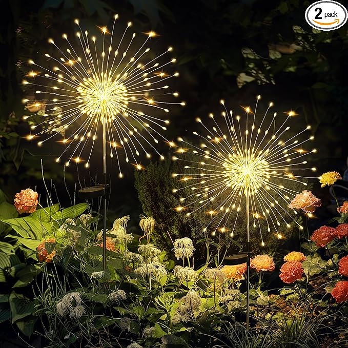 GIGALUMI Garden Decor Outdoor Lights 120LED 2Pack, Solar Garden Lights for Outside Christmas Fairy Firework Decorative,Solar Powered for Yard Pathway Flowerbed Planter Balcony Patio Decor (Warm White