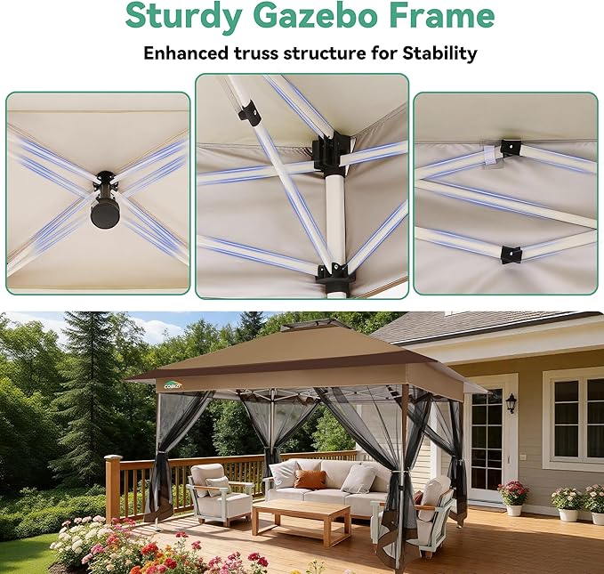 COBIZI 10x15 FT Pop up Gazebo on Clearance - Outdoor pop up Canopy Tent,carpas para Patio, Shelter - Screen Tents with Portable Carry Bag, Patio Gazebos for Camping,Garden,Deck,Backyard,Brown