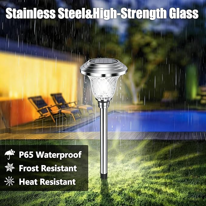 BEAU JARDIN 8 Pack Solar Pathway Lights White+ Color Changing Stainless Steel 3 Mode Outdoor Multicolor Metal Solar Powered Waterproof Glass for Garden Landscape Path Yard Walkway Driveway Silver
