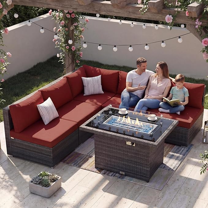 NICESOUL 6 Piece Modern Outdoor Conversation Set with Fireplace Natural Gas/Propane, 29.3'' High Back Deep Wide Seat Sofa Couches for Garden, Oversized Patio Sectionals, 2 Color Cushion Wine & Grey