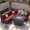 NICESOUL 6 Piece Modern Outdoor Conversation Set with Fireplace Natural Gas/Propane, 29.3'' High Back Deep Wide Seat Sofa Couches for Garden, Oversized Patio Sectionals, 2 Color Cushion Wine & Grey