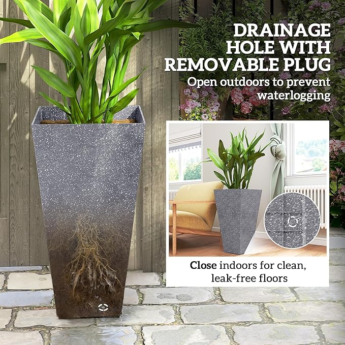 Outsunny 28 Inch Tall Planters for Outdoor Plants, Set of 3 Plastic Flower Pots with Marble Finish and Drainage Holes, Stackable Tapered Large Planters for Indoor Plants, Front Porch Decor, Gray