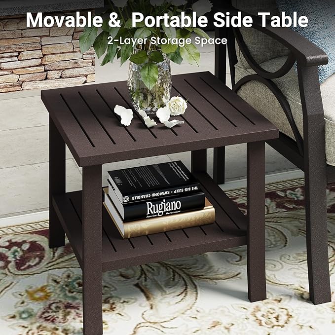 RoyalCraft Outdoor Patio Furniture Set, 3 Pieces Metal Patio Conversation Set with Side Table for Porch Garden Backyard, Beige