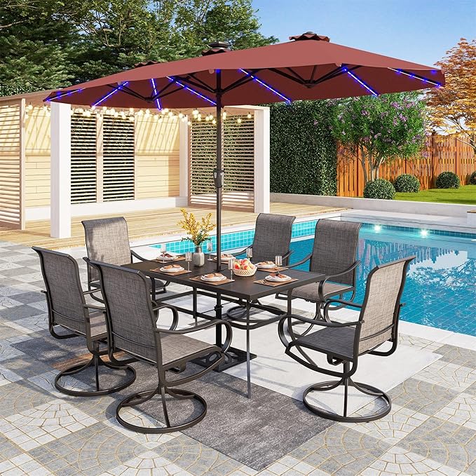 PHI VILLA 13ft Patio Umbrella with Solar-Powered 120 PCS LED Color-Changing Lights, Triple-Head Large Rectangle Umbrella Outdoor Patio for Table with Crank Lift,Dark Red(No Base)