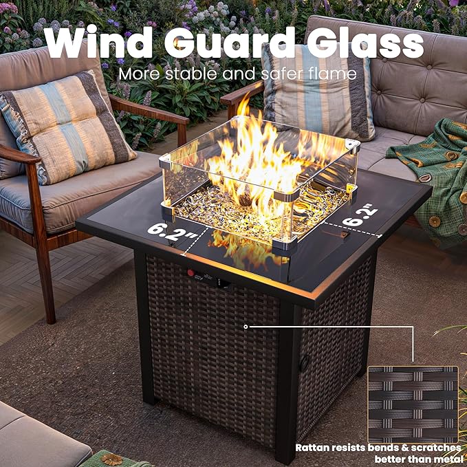 Outdoor Patio Furniture Set with 28'' Fire Pit Table, 8 Pcs Outdoor Patio Furniture Conversation Sets with 4in Thicken Cushion, Wicker Outdoor Sectional for Backyard, Garden, Balcony,Deck, Brown/Beige