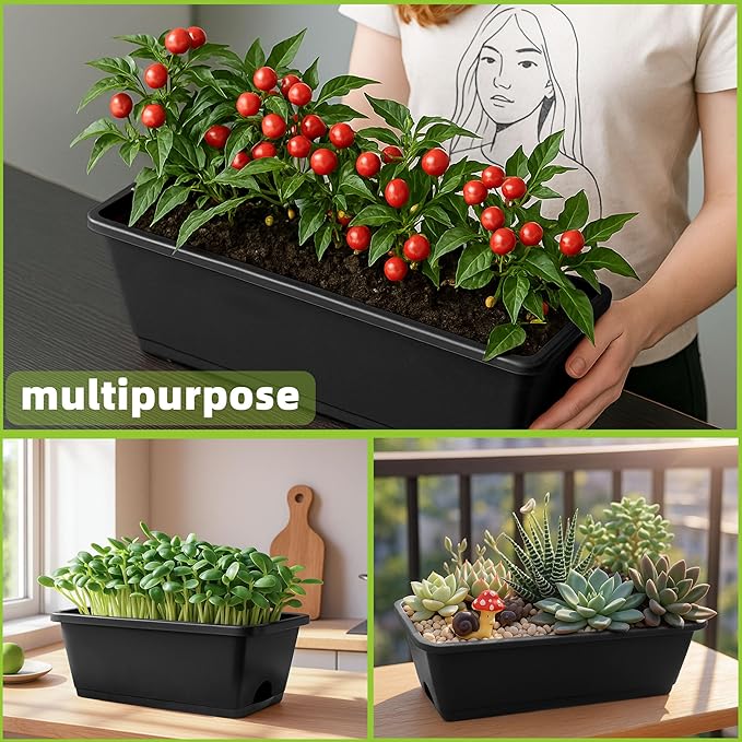 Window Box Planter, 12 Pack Plastic Vegetable Flower Planters Boxes 17 Inches Rectangular Flower Pots with Saucers for Indoor Outdoor Garden, Patio, Home Decor (Brick RED) (Dark Grey)