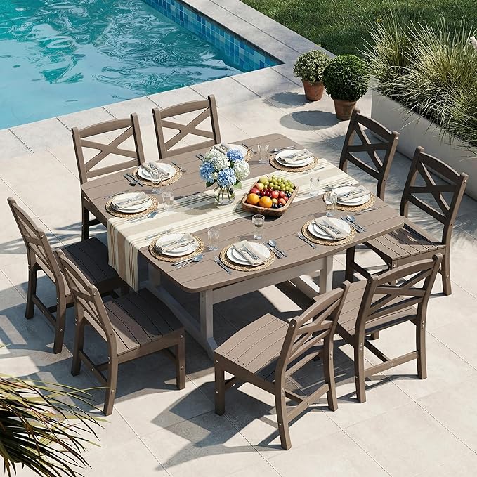 Outdoor Dining Set, HDPE 9-Piece Patio Table and Chairs Set, All-Weather Outdoor Dining Table Set for 8 with Umbrella Hole, Durable Patio Furniture Set with Chairs,White Brown