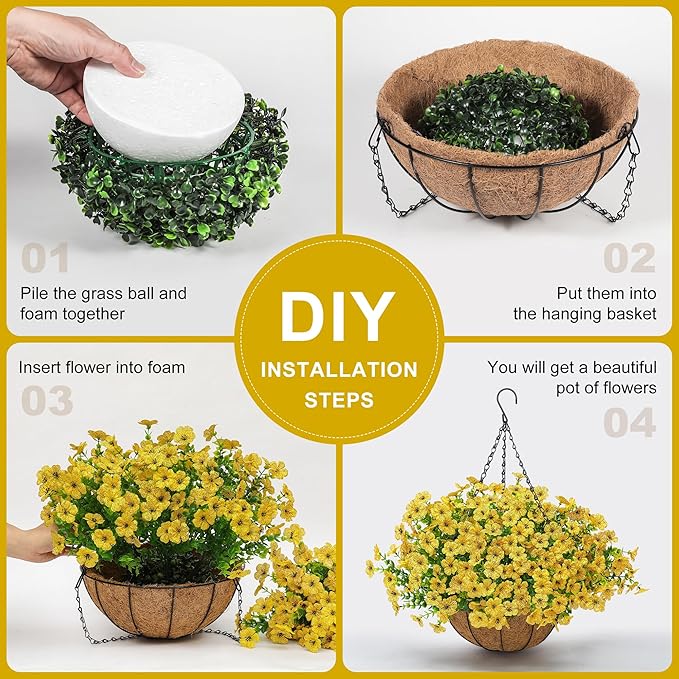 Artificial Faux Hanging Mums Plants Flowers Basket for Outdoors Summer Autumn Decoration,Hanging Planters with Fake Silk Daisy UV Resistant Realistic for Outside Porch Patio Balcony Garden Home Yellow