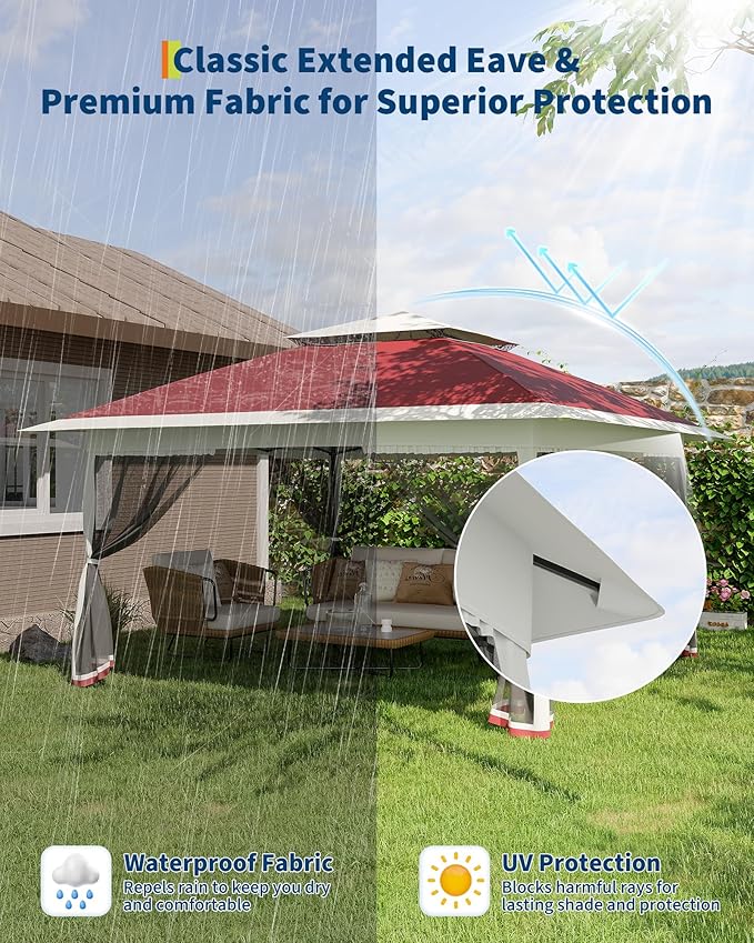 Canopy Tent 13x13 ft, Pop Up Gazebo One-Push Setup with 4 SandBags for Backyard Parties and BBQs, Mosquito Netting & Height Adjustable - Red