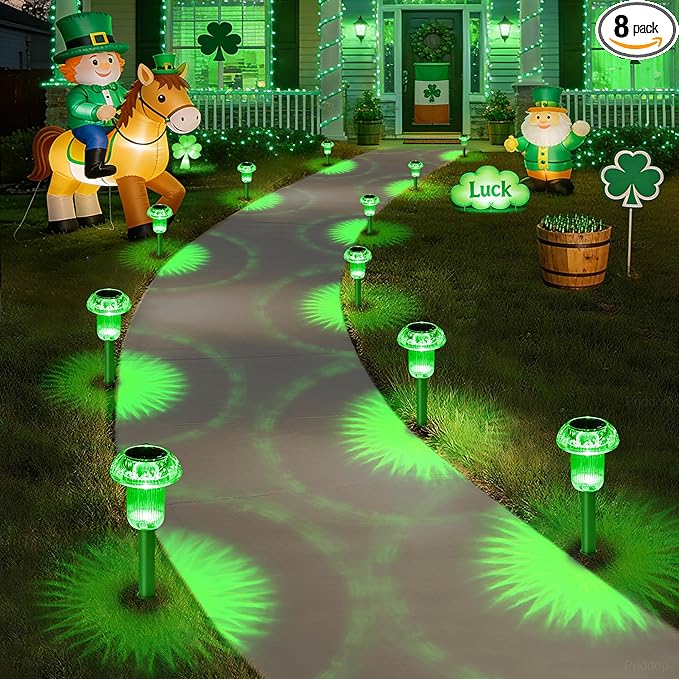 St Patricks Day Decorations Solar Lights Outdoor Pathway Waterproof 8 Pack Green LED Green Stake Acrylic Mushroom Decorative Garden Lights for Yard Landscape Patio Outside Decor