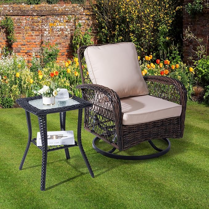 VINGLI Outdoor Side Table with Storage Wicker Patio Side Table, Tempered Glass Top End Table for Balcony Porch Deck (Black)
