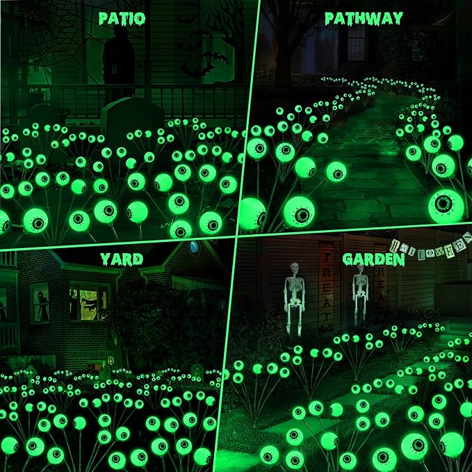 BrizLabs 4 Pack 24 LED Halloween Solar Lights, 2 Modes Outdoor Halloween Eyeball Pathway Lights, Solar Spooky Walkway Light Waterproof, Green Swaying Firefly Lighting for Path Yard Garden Lawn