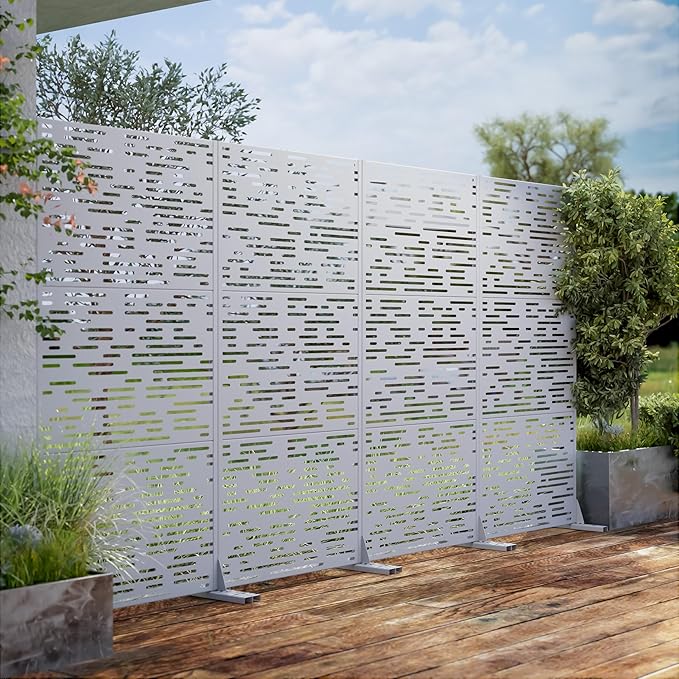 Casaphoria 72" H x 35" W Metal Outdoor Privacy Screen, Freestanding Decorative Divider for Patio, Deck, Balcony, and Garden with Stable Base, White-Godfre