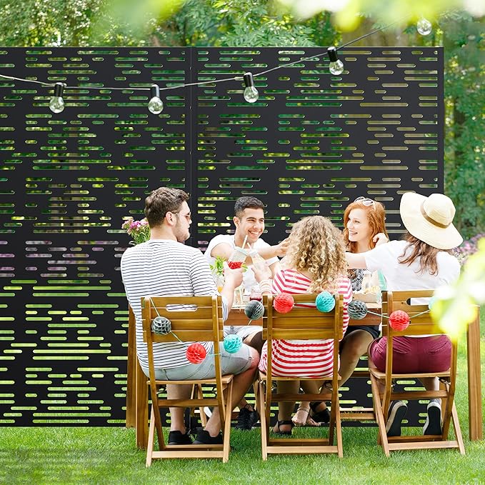 Casaphoria 72" H x 47" W Metal Privacy Screen, Outdoor Freestanding Decorative Divider for Patio, Deck, Balcony, and Garden with Stable Base, Black-Godfrey