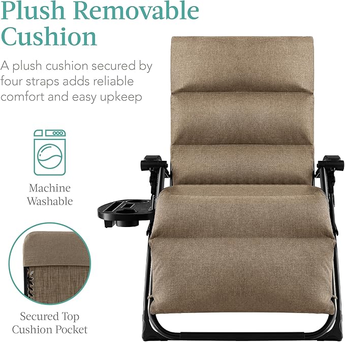 Best Choice Products Oversized Zero Gravity Chair, Folding Outdoor Patio Recliner, XL Anti Gravity Lounger w/Removable Cushion, Cup Holder, Side Tray, 350lb Capacity - Taupe