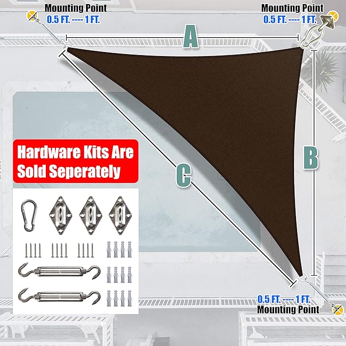 Amgo 18' x 18' x 25.5' Brown Right Triangle Sun Shade Sail UPF50+ Canopy Awning AGSLT, 95% UV Blockage, Water & Air Permeable, 200GSM Heavy Duty Commercial and Residential (We Make Custom Sizes)