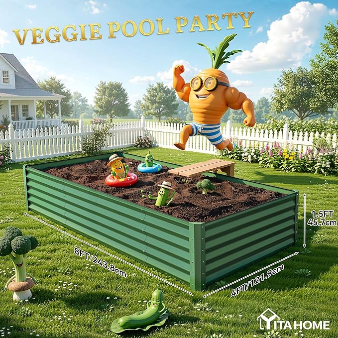 YITAHOME 8x4x1.5ft Large Raised Garden Bed Kit, Galvanized Metal Planter Box with Gloves, Ground Nails & Safety Rubber, Outdoor Above Ground Planters for Plants Vegetables Flowers, Green