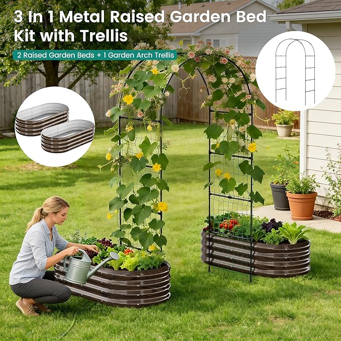 DoCred 3 in 1 Raised Garden Bed with 87in Tall Arch Trellis for Climbing Plants, Galvanized Planter Garden Box Outdoor for Gardening, Climbing Vegetables, Flower, Wood Grain