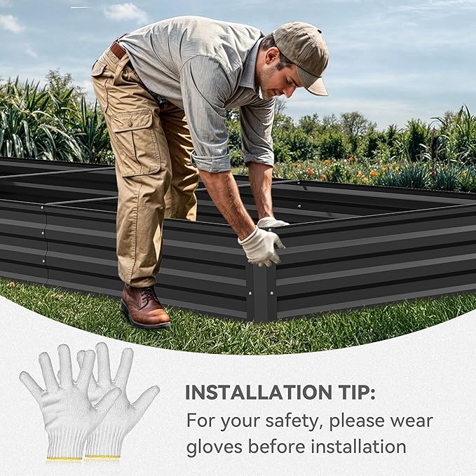 YITAHOME 144x48x12 in Galvanized Raised Garden Bed Kit, Large Metal Planter Box with Gloves, Safety Rubber & Support Rod, Outdoor Flower Bed for Plants Vegetables, Black