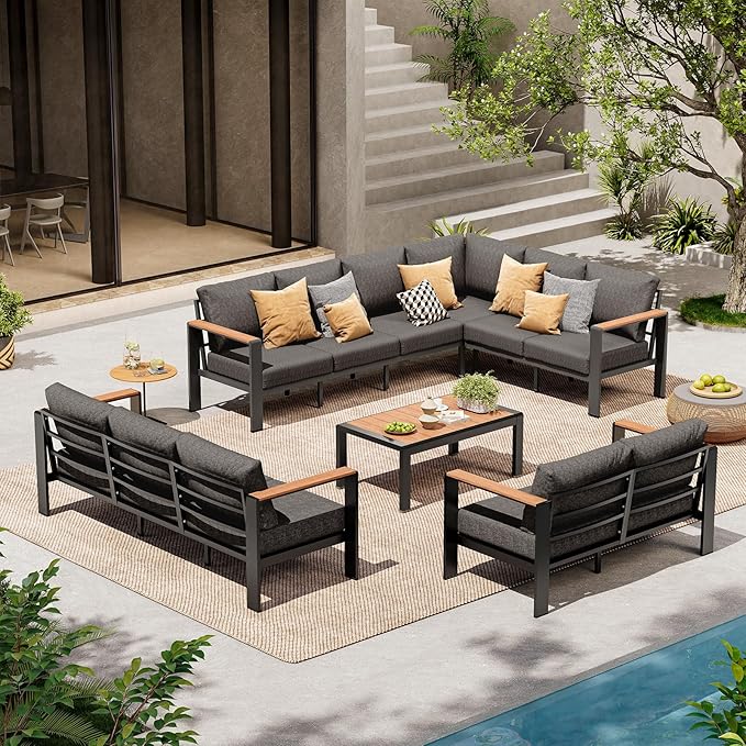 Aluminum Outdoor Patio Furniture Set 11 Seats, Outdoor Sectional Corner Sofa Set, Patio Conversation Sets with Washable Thick Cushions & Coffee Table for Porch, Yard, Garden, Deck, Graphite