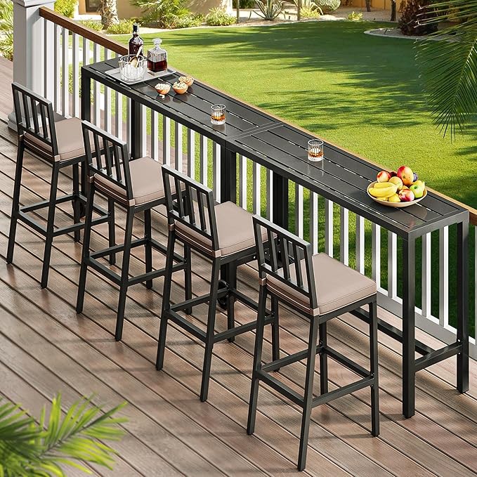 YITAHOME Outdoor Bar Stools Set of 2, Cushioned Metal Outdoor Bar Stools w/Vertical Stripe Back, All-Weather Patio Bar Stools for Balcony Backyard Porch Poolside