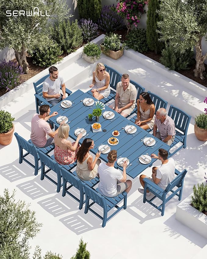 SERWALL 11-Piece Outdoor Dining Set, 60" - 83" Expandable Outdoor Dining Table and 10 HDPE Chairs, All Weather HDPE Outdoor Furniture Set for Backyard, Garden, Blue