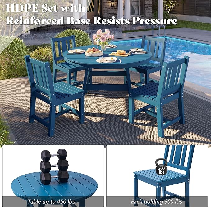 AMERLIFE 5 Piece HDPE Outdoor Dining Table & Chairs Set, All-Weather Patio Table and Chairs Set Furniture with Umbrella Hole for Garden, Backyard, Poolside, Seaside, Blue