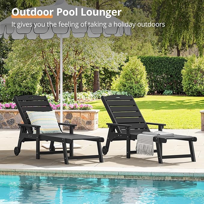 LUE BONA Chaise Lounge Chair with Table, 3-Piece, HDPS Chaise Lounger, 5 Positions Adjustable Lounge Chairs, Pool Lounge Chair with Wheels for Poolside, Backyard, Black