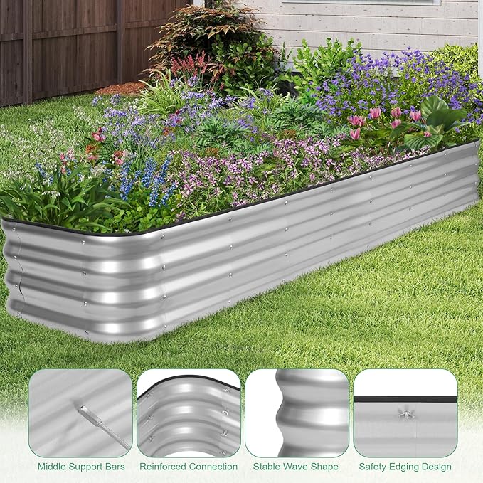 1MORE Raised Garden Bed -8X2X1 Galvanized Planter Box for Outdoor Gardening,5 in 1 Modular Raised Bed Kit with Protective Tape, Gloves for Herb,Ideal for Vegetables and Plants.Sliver-2pack