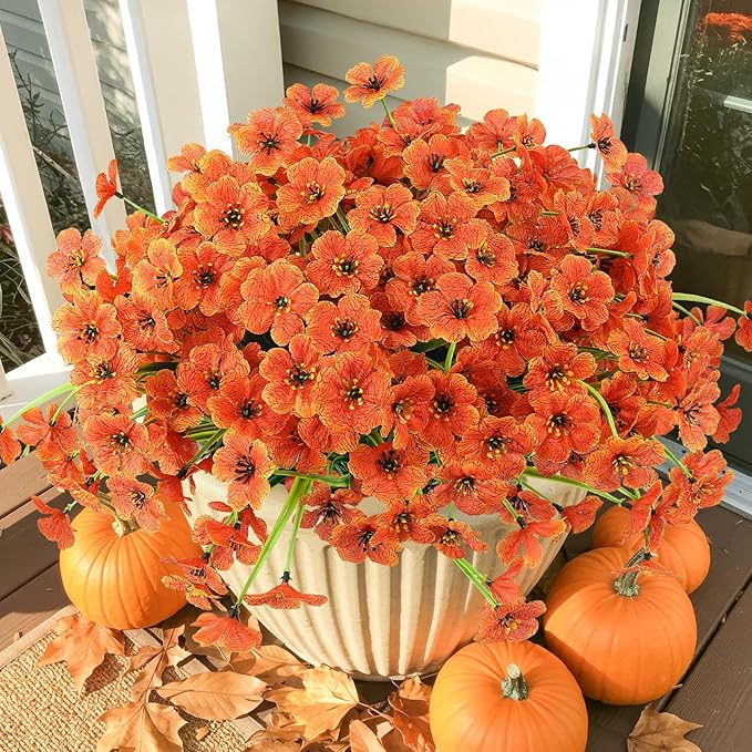 MACTING Artificial Fall Flowers for Outdoors 12 Bundles Faux Mums Plants Fake Silk Outdoor Flowers UV Resistant No Fade for Planters Front Door Porch Patio Outside Thanksgiving Autumn Decor,Orange