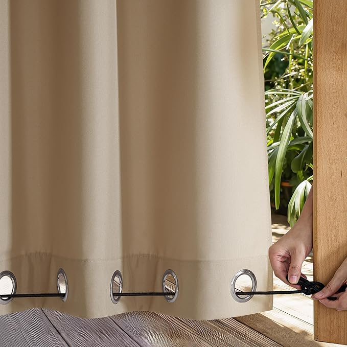 NICETOWN Canvas Outdoor Curtains for Paito 2 Panels, Taupe, W52 x L84 per Panel - Waterproof & Windproof Sun Shades with Grommet & Back Tab & Rod Pocket, Free Rope Included for Bottom Fixing