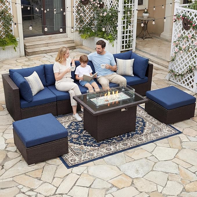 NICESOUL 7 Pcs Patio Conversation Set with Fire Table Natural Gas & Propane, 29.3'' High Backres Outdoor Sectional Sofa Sets, Large Deep Sitting Furniture for Exteriors, Brown Rattan and Blue Cushion