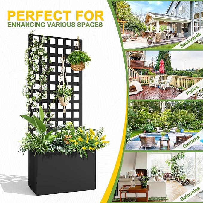 FENCY Metal Planter Box with Trellis, Planter Trellis for Climbing Plants Vegetable Vines, Trellis with Planter Box & Privacy Screen, Raised Garden Bed with Drainage Holes (23.6" L x 63" H/Lattice)
