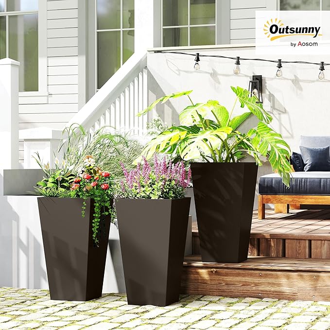 Outsunny Tall Planters for Outdoor Plants Set of 3, 28 in Taper Planters with Drainage Holes, Indoor Grande Plant Pots, Front Porch Decor, Brown