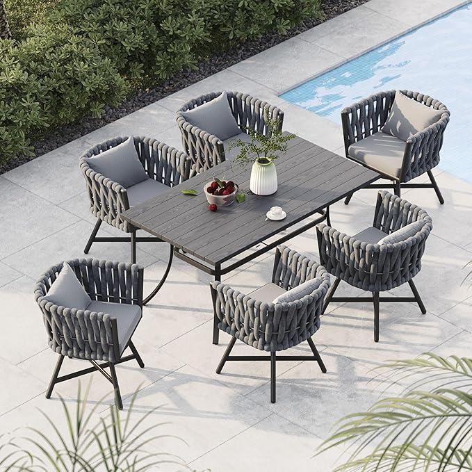 Grand patio 7-Piece Outdoor Dining Set for 6, Patio Dining Furniture Set for 6 Swivel Rope Wicker Chairs & 1 Bent Legs Rectangular Dining Faux Woodgrain Table with Umbrella Hole, Dark Gray