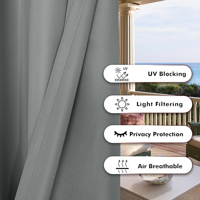 BONZER Waterproof Outdoor Curtains for Patio Porch Pergola Cabana Light Filtering Privacy Grommet Indoor Curtain Panels for Bedroom Living Room, 1 Panel, 54W x 84L inch, Grey