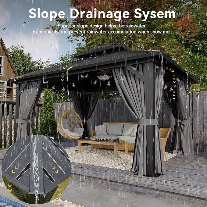 Aoxun 12'x14' Hardtop Gazebo, Aluminum Frame Canopy with Double Galvanized Steel Roof, Outdoor Metal Pavilion with Netting, Curtains for Backyard, Patio and Deck