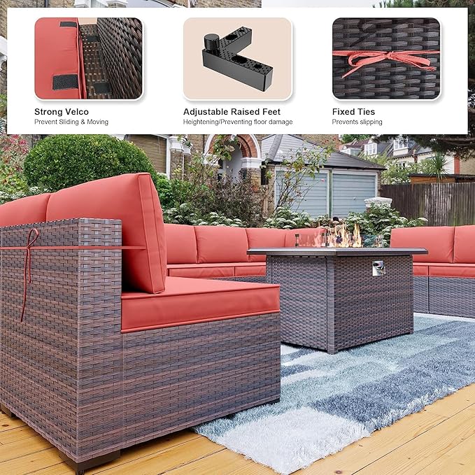 Kullavik 13 Pieces Outdoor Patio Furniture Set with 43" 55000BTU Gas Propane Fire Pit Table PE Wicker Rattan Sectional Sofa Patio Conversation Sets,Red