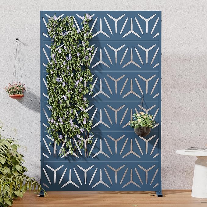 Casaphoria Metal Privacy Screen Outdoor, 72" H x 47" W Freestanding Decorative Privacy Screen for Patio Deck Balcony Garden with Stable Base, Blue-Star