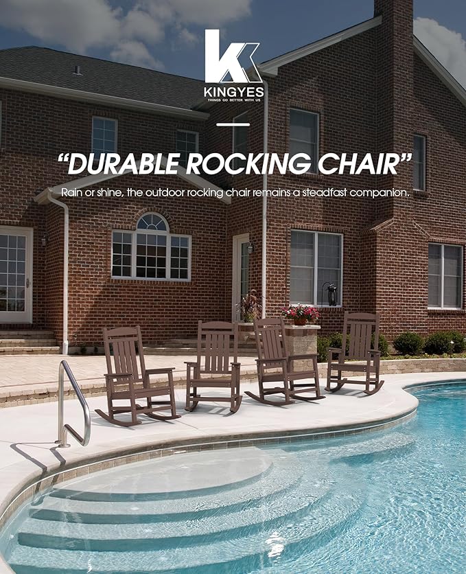 KINGYES Outdoor Rocking Chair Set 2, All Weather HDPE Patio Rocking Chairs for Adults, Coffee Brown