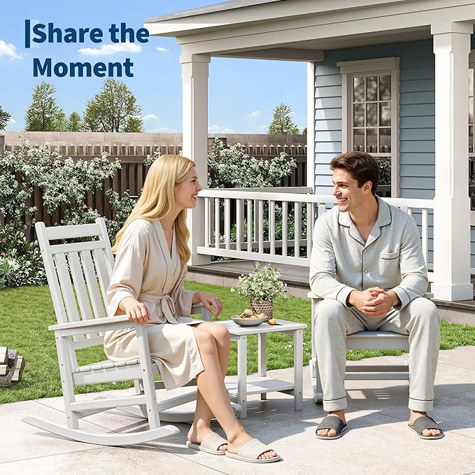 HDPE Rocking Chair Outdoor Set of 4 with 2 Side Table - Poly High Back Porch Rocker Chairs for Adults - All Weather Resistant Furniture for Patio Front Porch - White