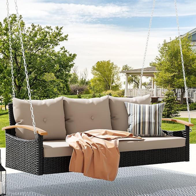 DWVO 3 Seats Porch Swing Hanging Bench Swing Outdoor Wicker Patio Swing Lounge Front Rattan for Garden, Balcony, Black&Beige