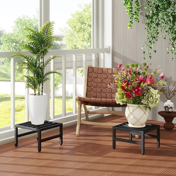 IBUYKE 2 Pack Metal Plant Stand Indoor Outdoor, Heavy Duty Small Flower Pot Stand, Modern Square Plant Shelf Flower Stand for Living Room Patio Balcony Garden, Black TMJ075B-2