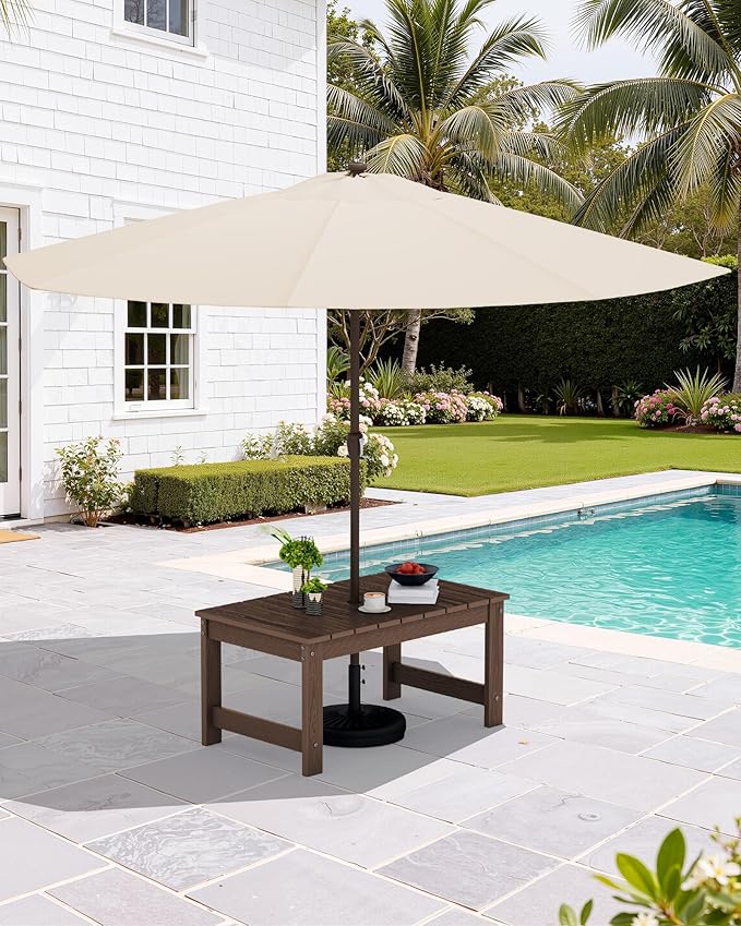 SERWALL Outdoor Coffee Table with 9FT Umbrella, HDPE Patio Coffee Table for Outside, Rectangle, Coffee(Not Include Umbrella Base)