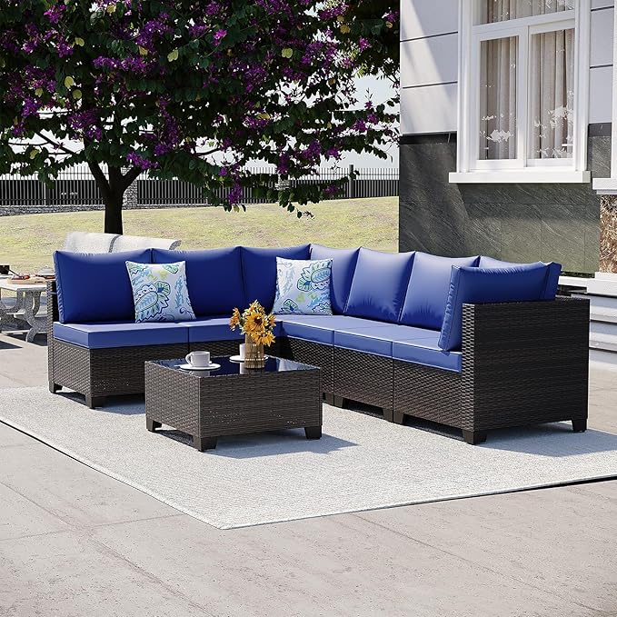 7 Pieces Outdoor Patio Furniture Set, Outdoor Wicker Sectional with Thick Cushions for Garden and Backyard (Brown/Deep Blue)
