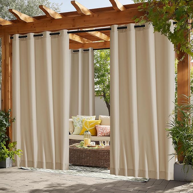 NICETOWN Canvas Outdoor Curtains for Paito 2 Panels, Taupe, W52 x L84 per Panel - Waterproof & Windproof Sun Shades with Grommet & Back Tab & Rod Pocket, Free Rope Included for Bottom Fixing
