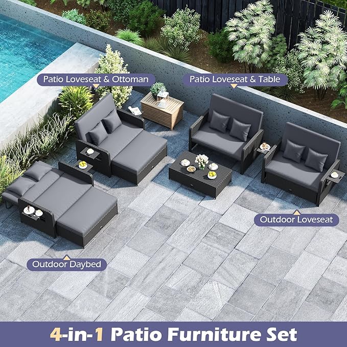 Tangkula Patio Rattan Daybed with 4-Level Adjustable Backrest, Outdoor PE Wicker Loveseat with Storage Ottoman & Folding Side Tray, Double Sunbed Lounger for Balcony, Backyard & Poolside (Grey)