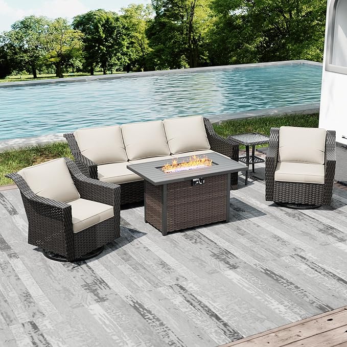 Joyside Wicker Patio Furniture Sets, 5 Pieces Upgraded Large Size Outdoor Furniture with Swivel Rocking Patio Chairs, 3-Seat Sofa, Fire Table, Coffee Table, Thick Cushions, Wide Armrest, Beige